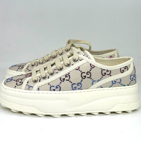 Gucci Treck Crystal GG Logo Canvas Low Top Platform Trainers Sneakers Shoes - Picture 10 of 16